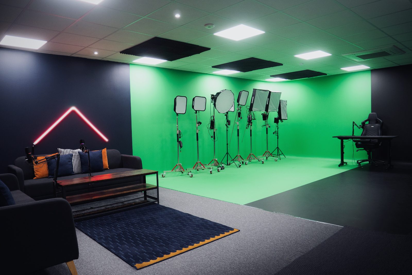 Endpoint HQ media studio — green screen and podcast set